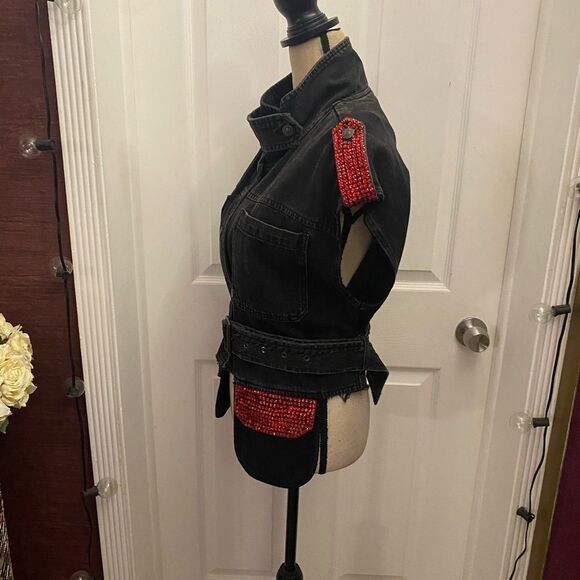 Zara black denim red crystal embellished vest, M - Picture 7 of 9